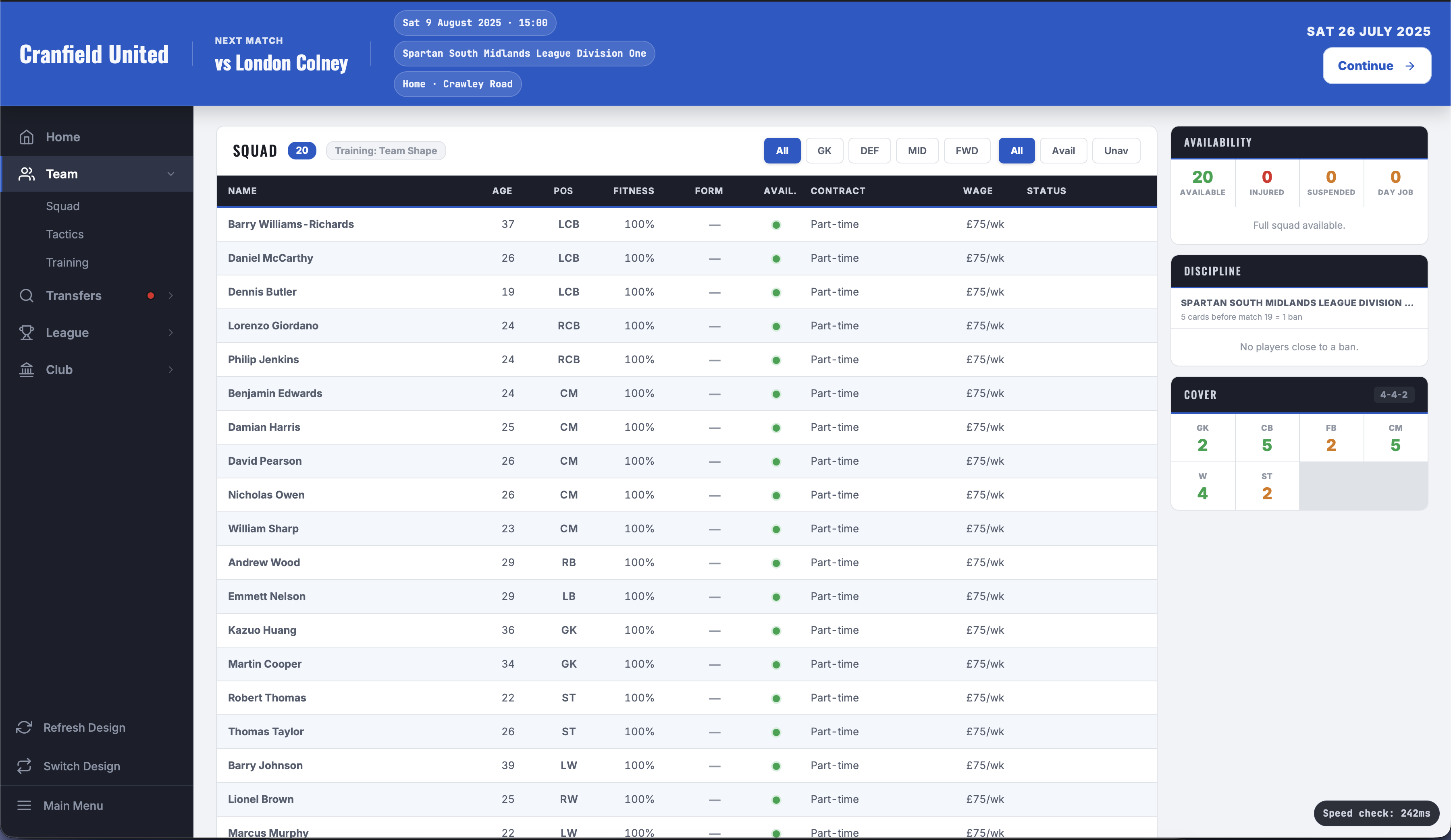 Squad screen — Cranfield United