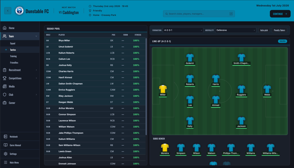 Tactics screen, Dunstable FC